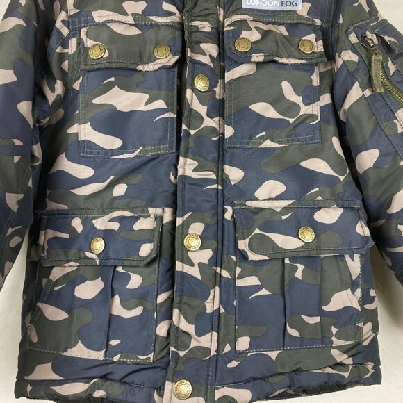 London Fog Boys sz 5 / 6 Camo Hooded Removable Faux Fur Winter Jacket - Picture 6 of 11